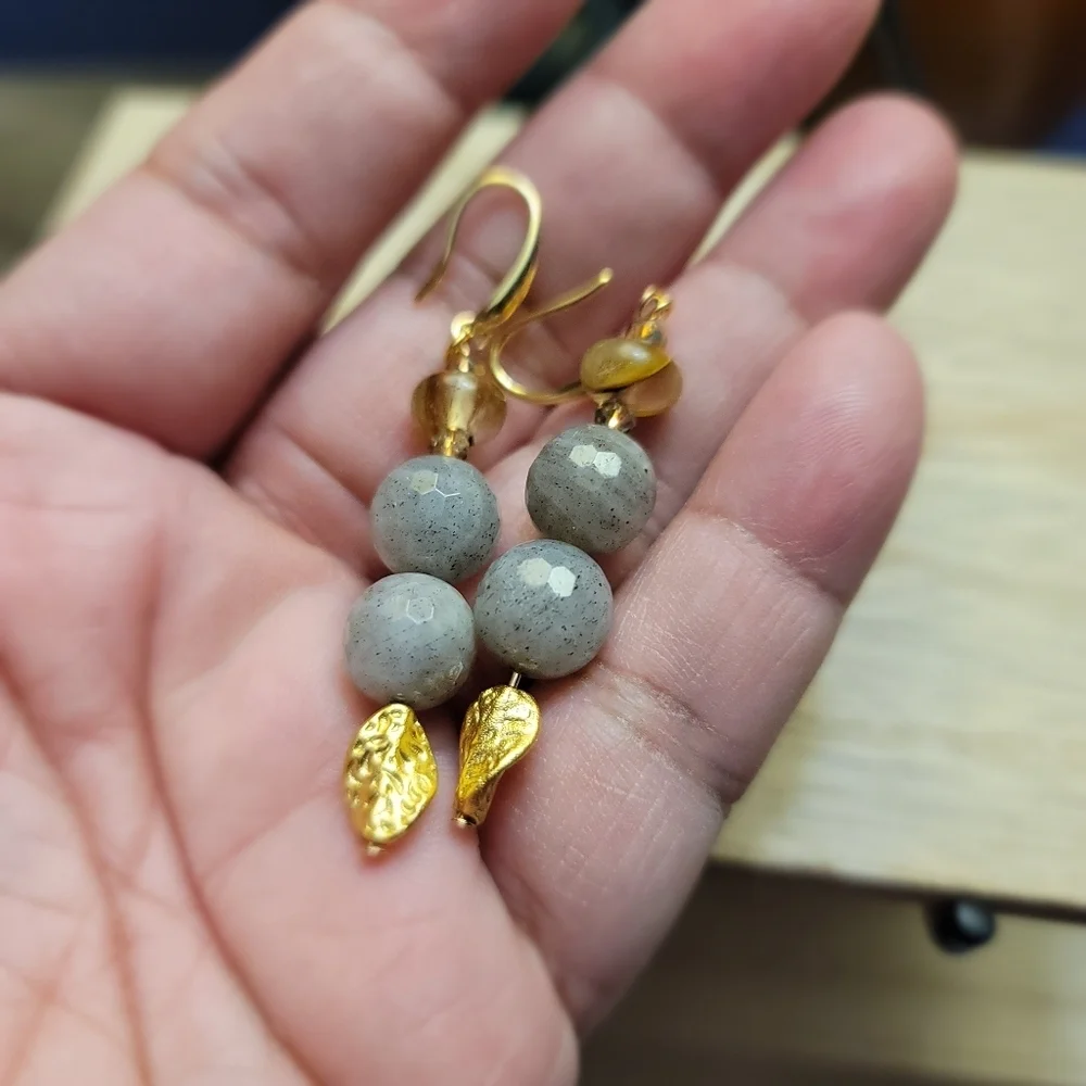Handmade Labradorite & Volcano Cherry Quartz Dangle Earrings Gold Leaf Charm